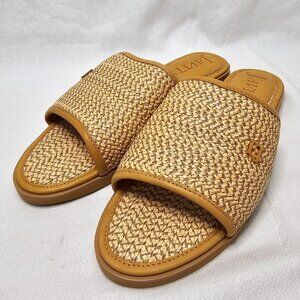 Eric Javits Squishee Tan Leather Open Toe Low Wedge Heel Sandals Women's Size 10